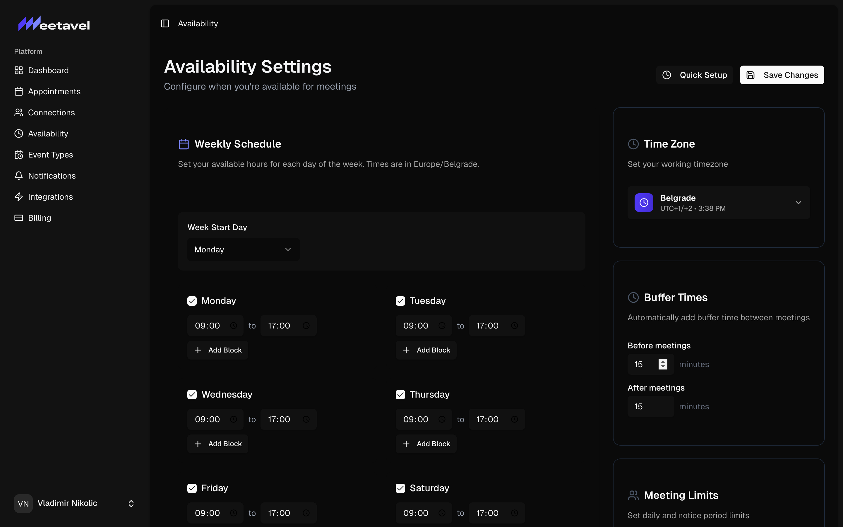 Set your weekly availability