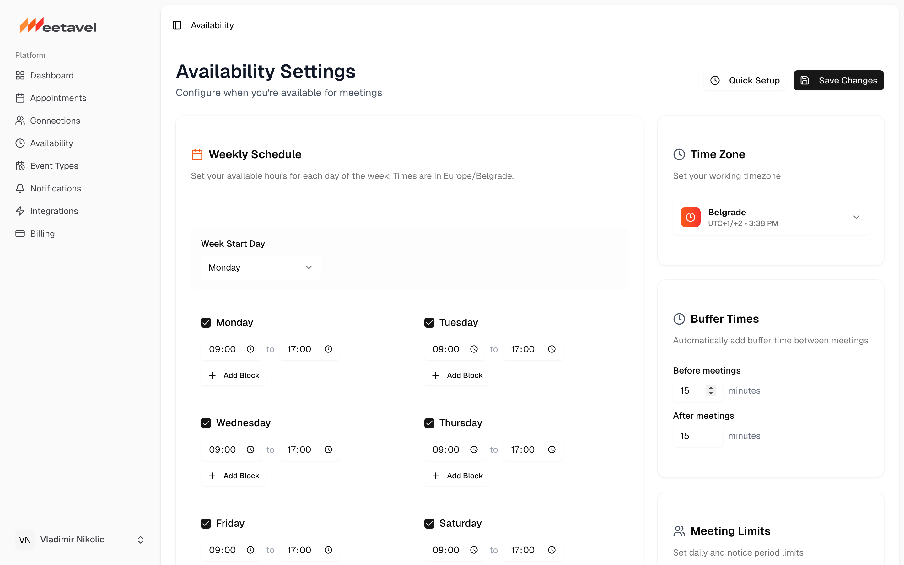 Set your weekly availability